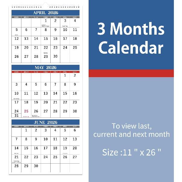 2026 Wall Calendar - 3 Month Wall Calendar Vertical 2026 (Folded In a Month), Dec.2025 - Jan.2027, 11" X 26", Calendar 2026, 3-Month Display Calendar
