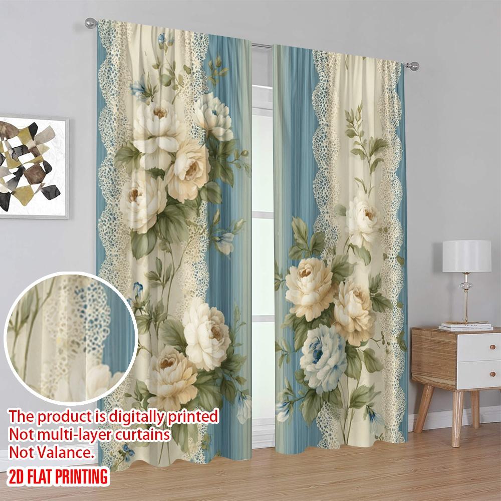 2 szt., druk płaski 2D Zasłona okienna z motywem kwiatowym(1) Wytrzymała tkanina w 100% poliestrowa (bez pręta) Dekoracje do wewnątrz dla
