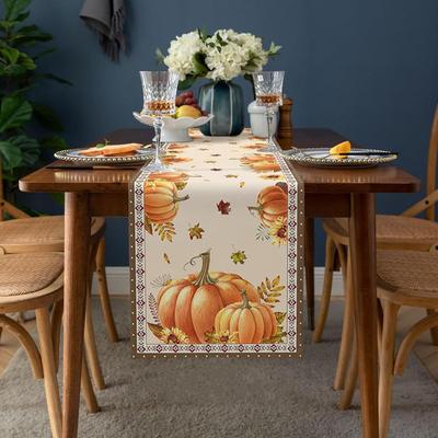 Fall Pumpkin Maple Leaf Linen Table Runner Holiday Party Decor Reusable Kitchen Dining Table Runner Thanksgiving Decortaions