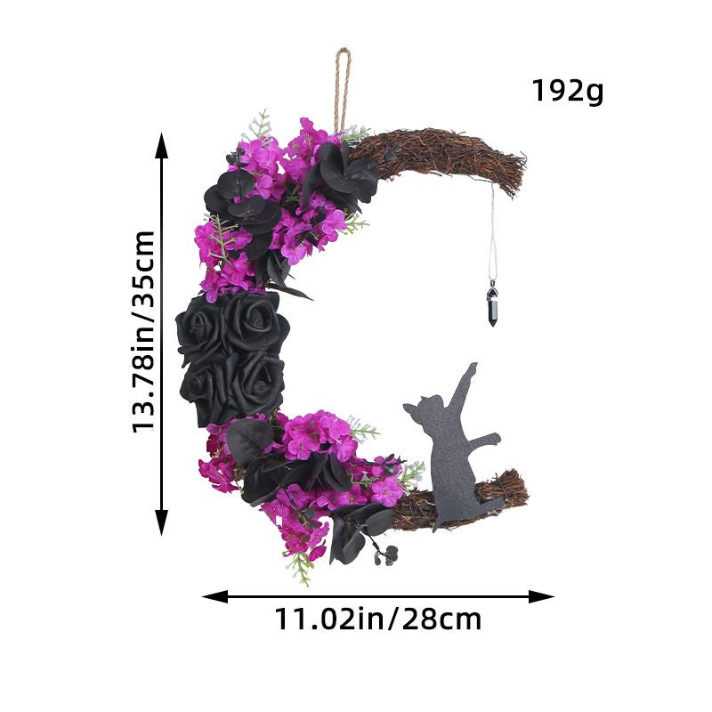 Halloween Purple Flower Rose Black Cat Wreath Pendant Atmosphere Props Ornament Ornament Creative Door Hanging Door Decoration