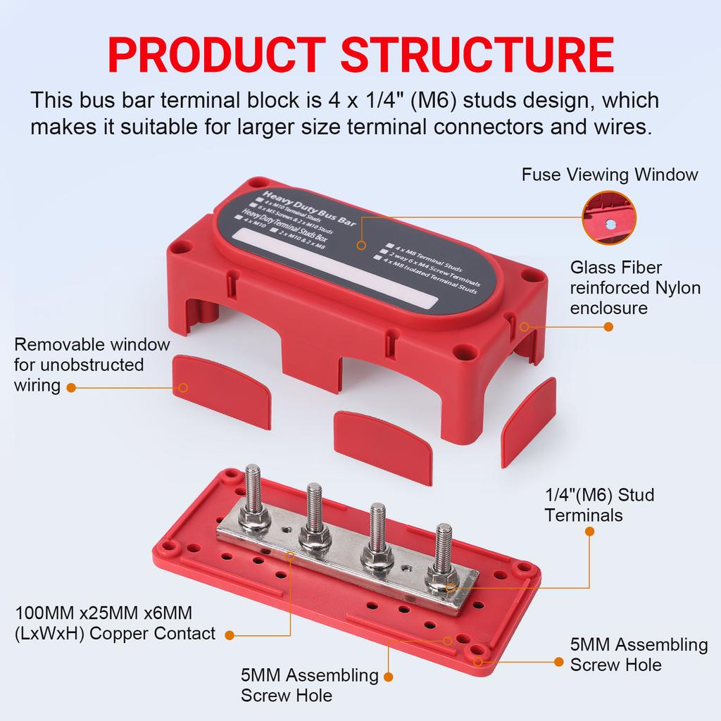 Power Distribution Block Module Heavy Duty Bus Bar 4 Studs Single Row 12-48V Copper Nickel Nylon M6 M8 M10 For Truck Car Boat