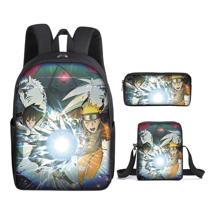 Naruto Naruto Rucksack Dreiteiliges Set, Schulranzen für Grund- und Sekundarschule, Umhängetasche, Messenger Bag, Federmäppchen.