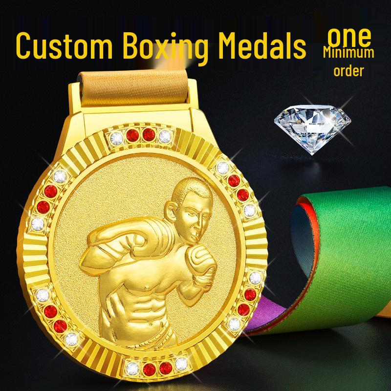 Daye Boxing Lightweight Gold Championship Medal with Rhinestones - Custom High-End Design Details