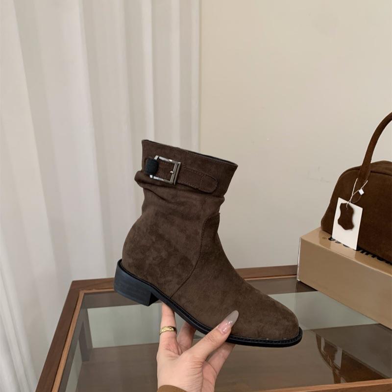 

Каблук Черные ботинки Мартина Короткие ботинки Женские ботинки 2025 Новые Облегающие ботинки Осень и Зима Хаки Замшевые Ботинки с ворсом 39