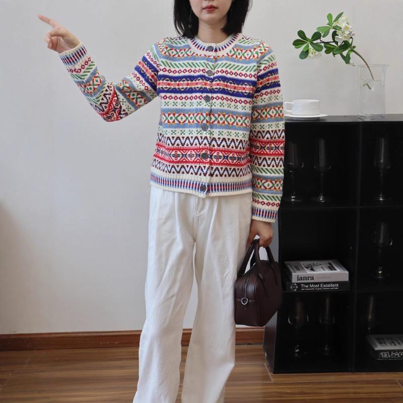 Color jacquard sweater jacket autumn and winter new retro crew neck soft waxy knitted cardigan top women