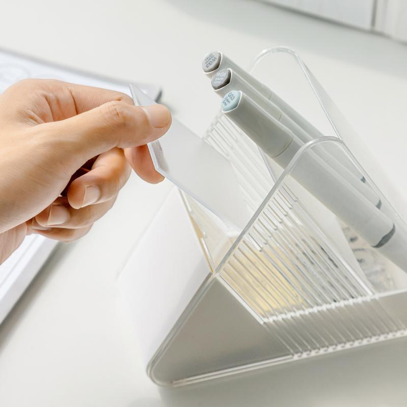Plastic Slanted Pen Holder Multi Compartments Clear Slots Durable Desk Organizer for Home Office School Student Stationery Storage