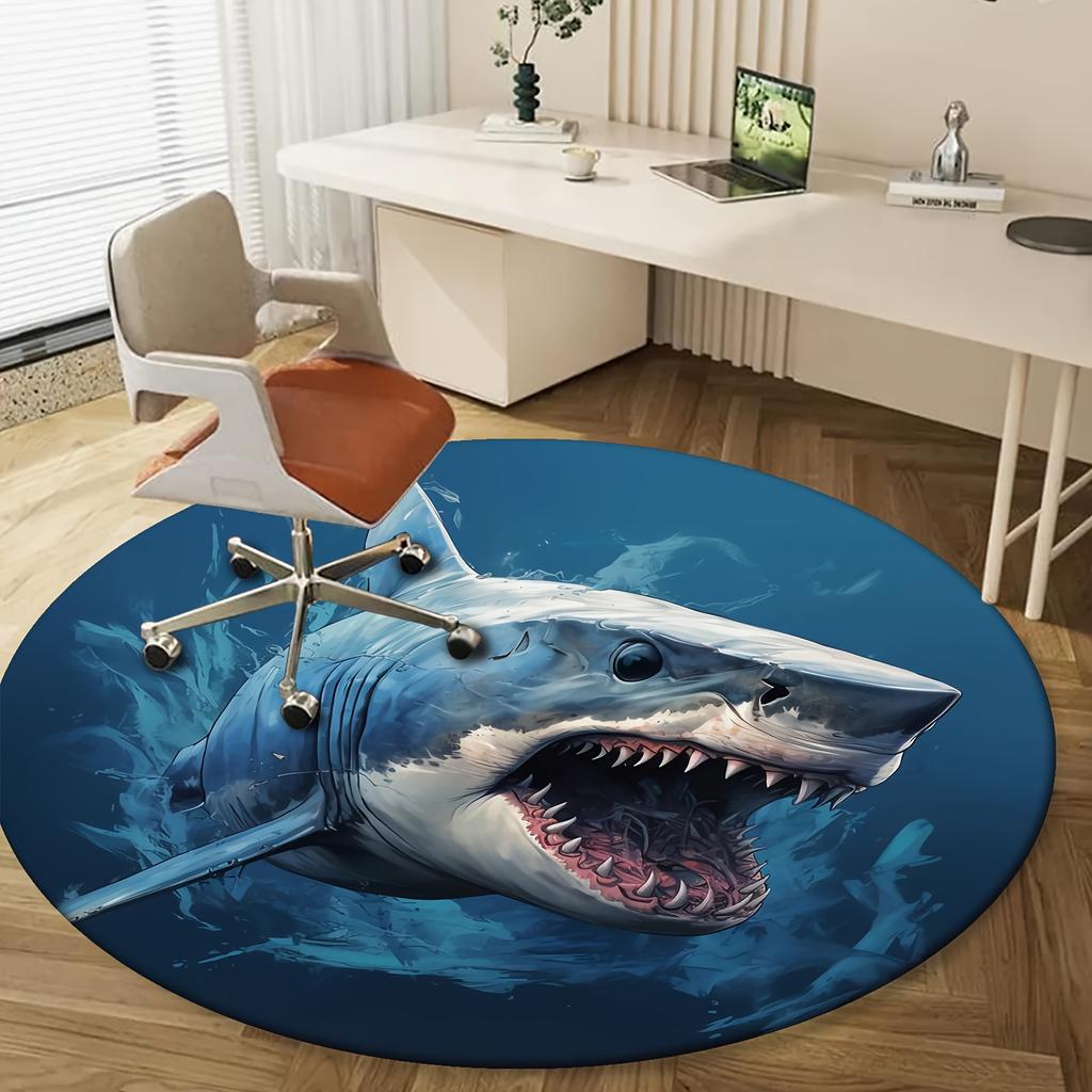 Shark Round Rug Flannel 3D Print Ocean Predator Living Room Kids Room Decor Non Slip Washable Floor Mat Game Room Carpet