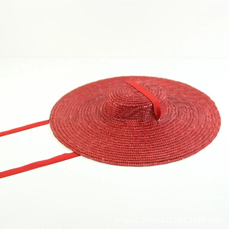 Cappello di Paglia a Tesa Larga 15cm con Parte Superiore Piatta Cappelli Estivi da Spiaggia per Donna Cappello Boater con Nastro Cappello da Sole Grigio Nero Rosso Rosa Blu Con Laccetto Sottogola