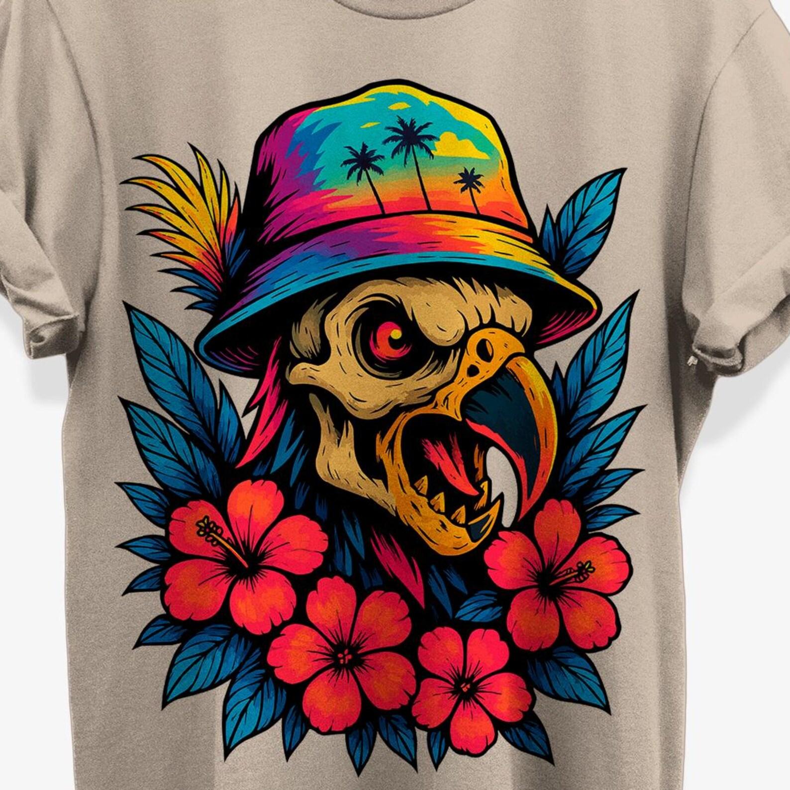 Creepy Parrot Floral Skull T-shirt for Tropical Horror Beach Fans | Unisex Cotton Graphic Tee L