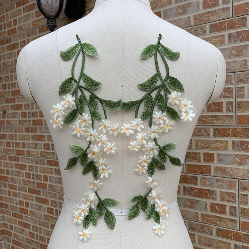 2 Stück Grüne Blatt-Gänseblümchen-Blumen-Bestickte Aufnäher Elegante Exquisite Kleidung Applikation Vintage Kleidung Aufnäher Nähen