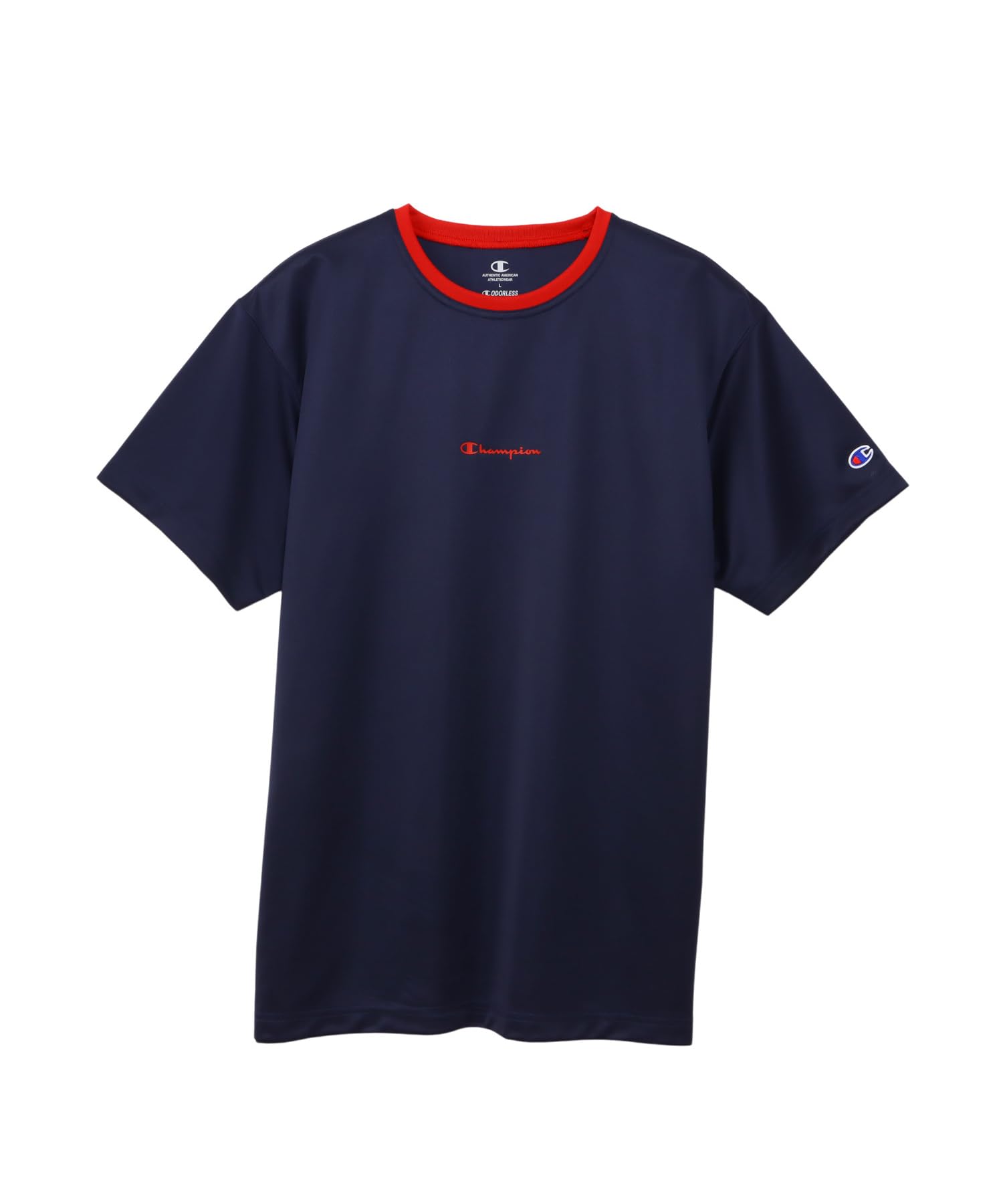 

Champion DRYSAVER Short Sleeve with a Round Breathable Rubber and Script Logo Men s T-Shirt, Navy, C3-BB355, Neck, Design, Antibacterial, Print,