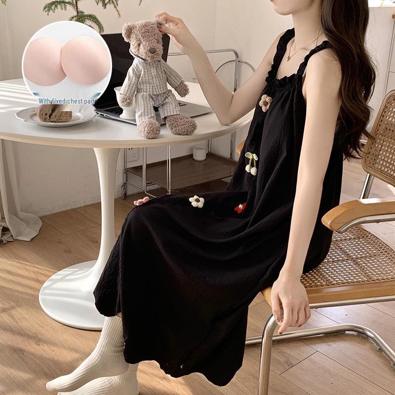 2026 Summer Princess Style Woven Cloud Cotton Camisole Nightgown with Chest Pads - Long Skirt, Square Neck.