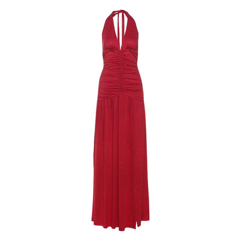 

# Sisjuly# Sexy Elegant Socialite Banquet Fine Shiny Crystal Fold Design Split Hanging Neck Dress Women Red S