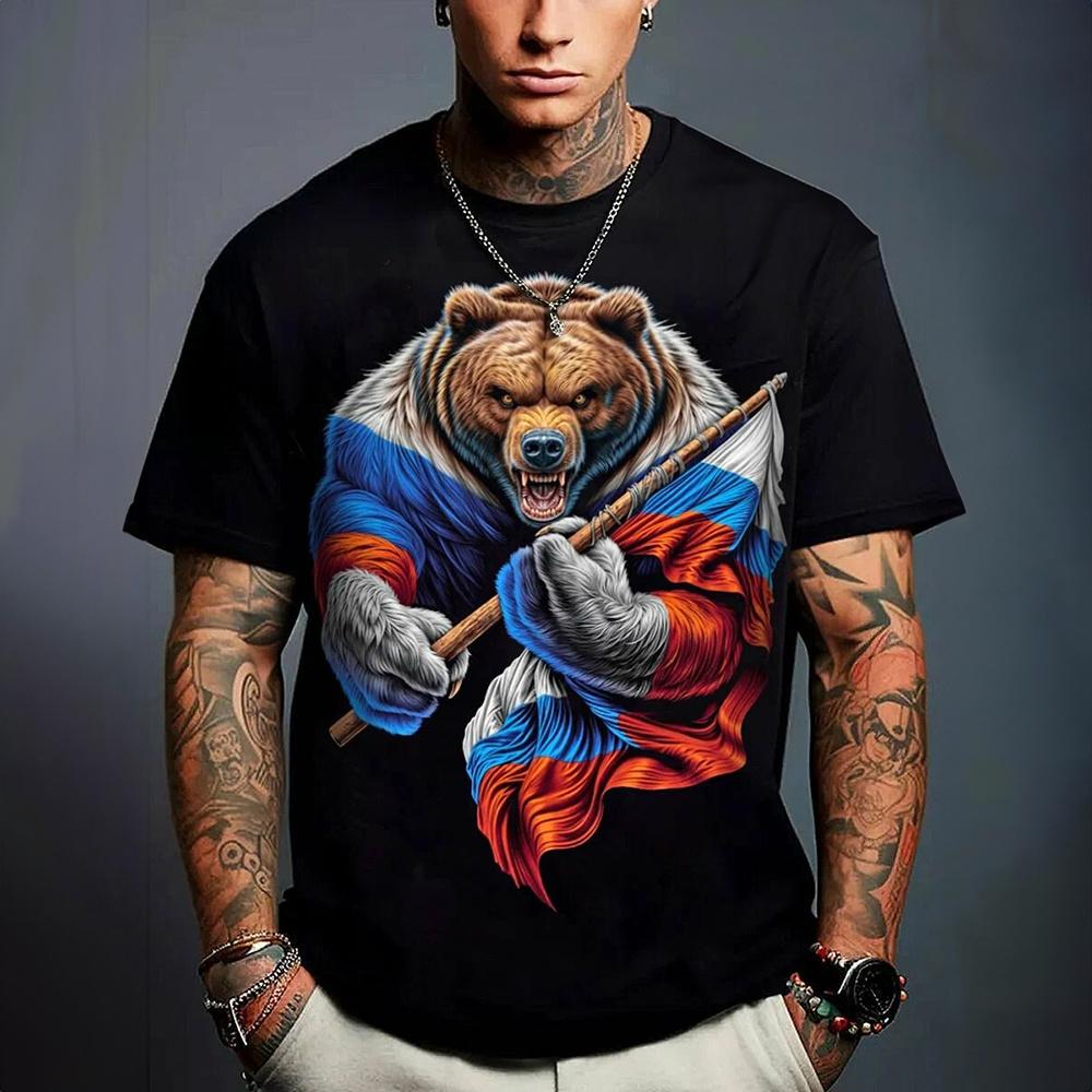 Russian National Emblem T-shirt For Men Animal Brown Bear Print T Shirts Short Sleeve Tee Casual Oversized Men's Clothing Tops