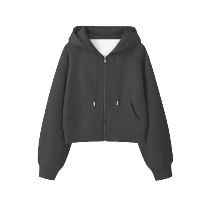 Dámský šedý kardigan na zip s kapucí - Svetrová bunda s dlouhým rukávem na jaro a podzim