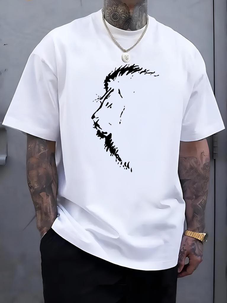 Male Black Round Neck T Shirt Distressed White Sketch Beard Unisex Profile Simple Monochrome Portrait Daily Soft Cotton Tees