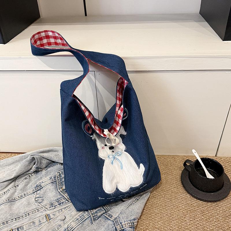 2025 New Underarm Shoulder Bag Cute Puppy Canvas Bag Female Retro Denim Bag Student Class Bag