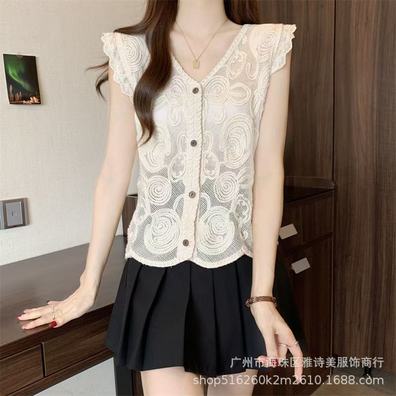 Foreign-style versatile hook flower hollow vest women's summer new V-neck high-end sleeveless stacked loose top
