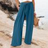 Women  Linen Wide Leg Pants Summer Ruffle Hem Smocked Elastic Waist Flowy Pants Beach Lounge Trousers