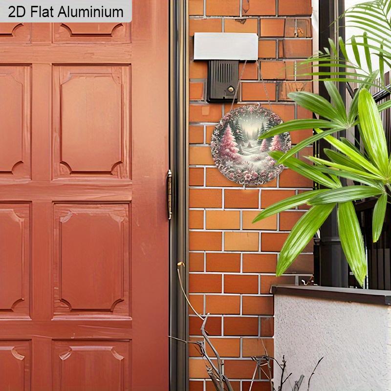2D Flat Aluminium Pink Christmas Sign with Christmas Trees Pattern - Romantic Figurine Ornaments - Ideal for Front Door, Wall, Porch, Window Decor