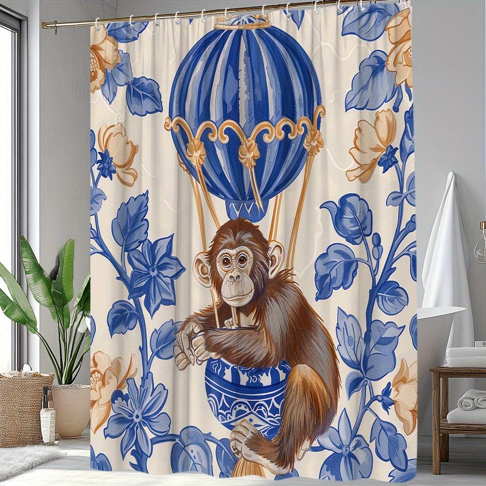 1Pc. Hot Air Balloon Animal Pattern Shower Curtain With Plant Background, Polyester Fabric, Includes 12 Hooks, 70. 8X70. 8 Inche