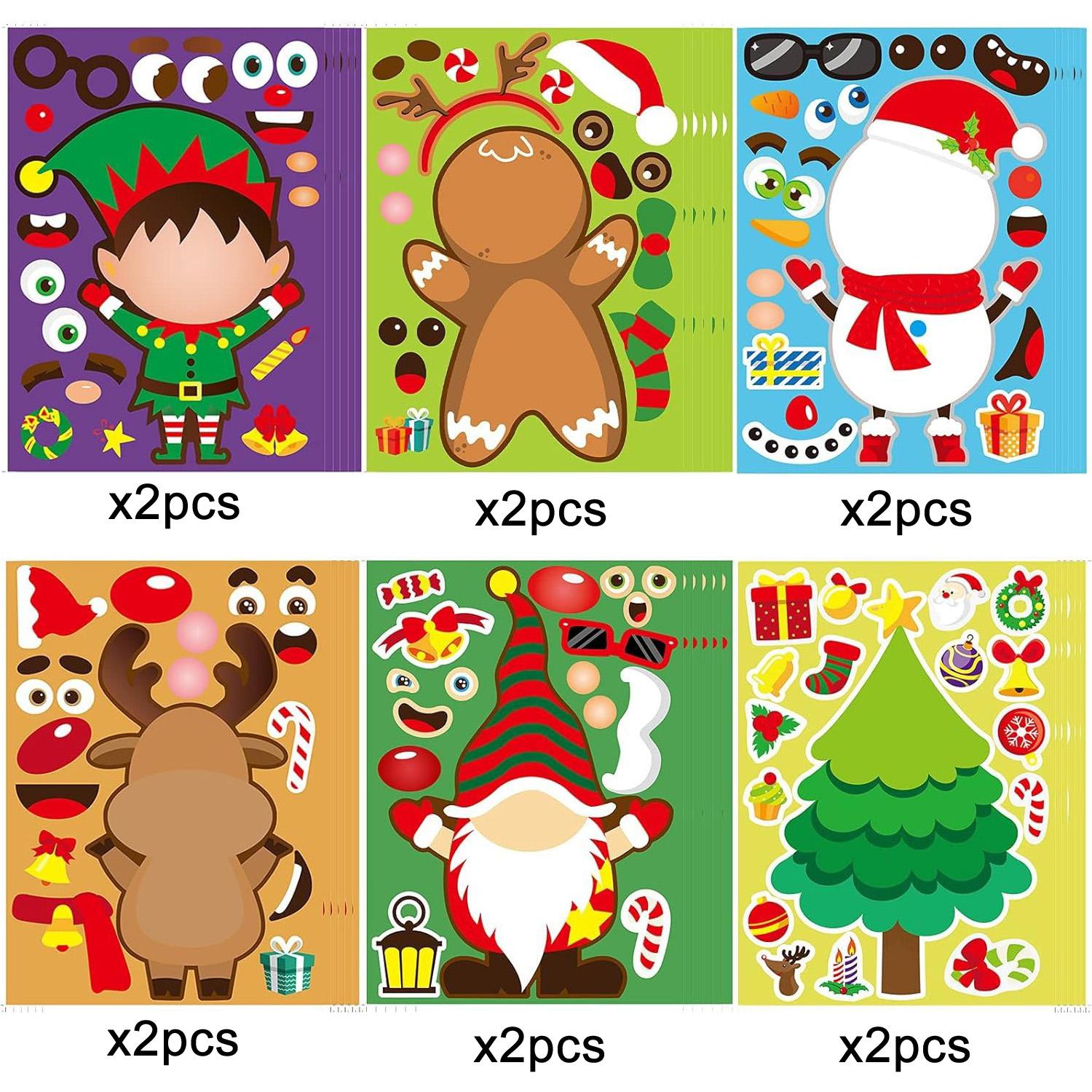 

12PCs Christmas Stickers for Kids DIY Make a Face Cartoon Character Stickers Game for Xmas Crafts Activities Holiday Party gifts
