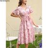 MODIQUE 2025 Summer New Women's Elegant Floral Print Belt Pleated Flounce Long Dress Ladies Casual A-Line Short Sleeve V-Neck Dress