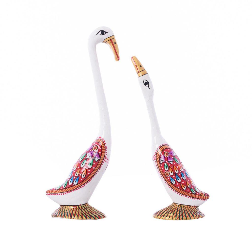 Loving Swan Couple White Meenakari Metal Figurine (8 Cm X 3 Cm X 18)