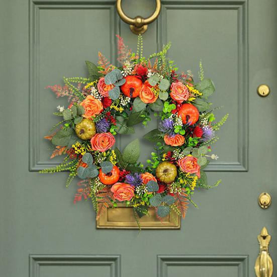 Fall Wreath for Front Door 16 Inch Autumn Artificial Wreath with Pumpkin Peony Flower for Harvest Thanksgiving Farmhouse Decor