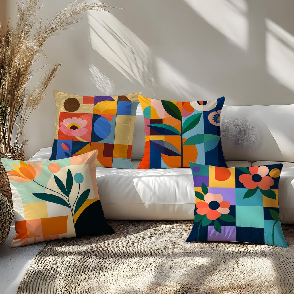 Modern Geometric Floral Throw Pillow Covers Colorful Abstract Flower Print Cushion Cases, Mid-Century Home Decor For Living Room