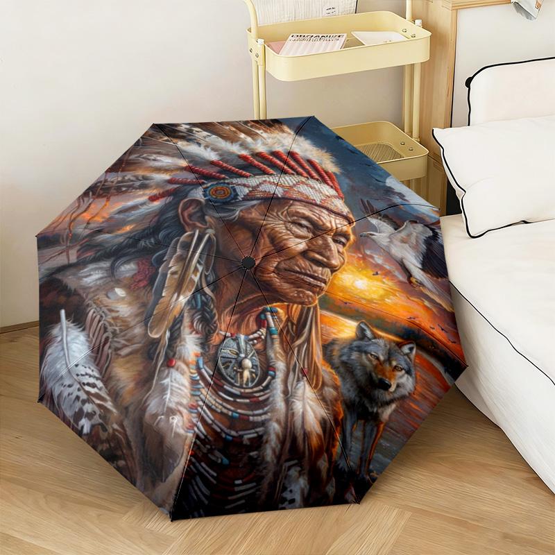 1PC Wolf Native Spirit Automatic Umbrella - Suitable Travel Outdoor Portable Umbrella Birthday Gift Daily Essentials