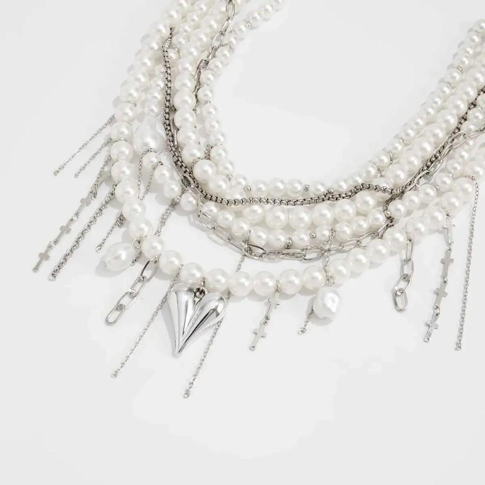 Imitation Pearl Collarbone Chain Exaggerated Choker New Goth Love Heart Pendant  Girls