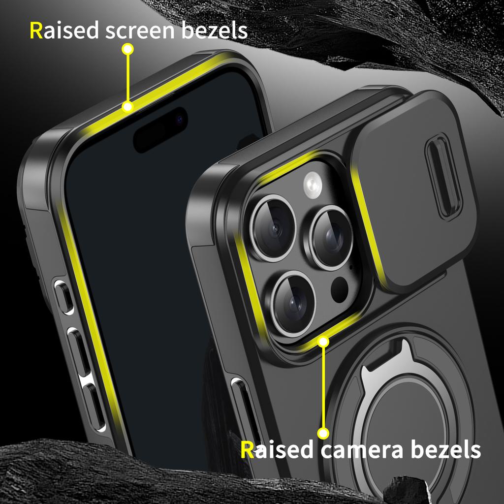 For iPhone 16 Pro Magnetic Phone Case Slide Lens Cover Ring Kickstand TPU+PC Phone Shell