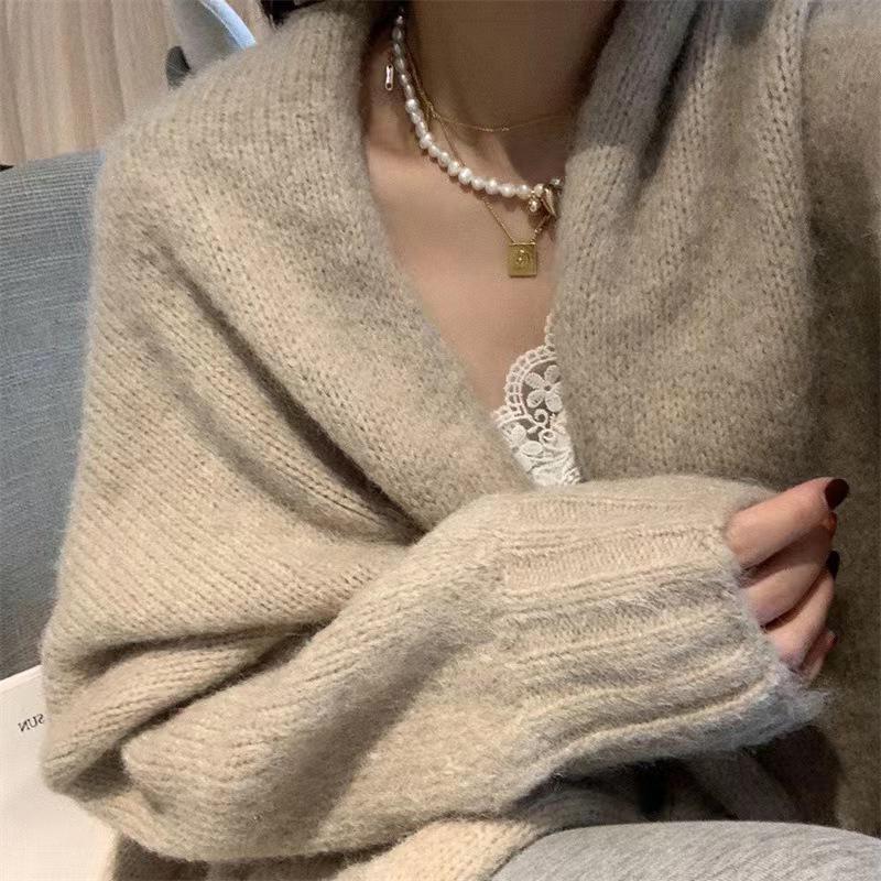 Gentle Style Women's V-Neck Loose Cardigan Sweater - Autumn/Winter 2023 Long Sleeve Knit Top