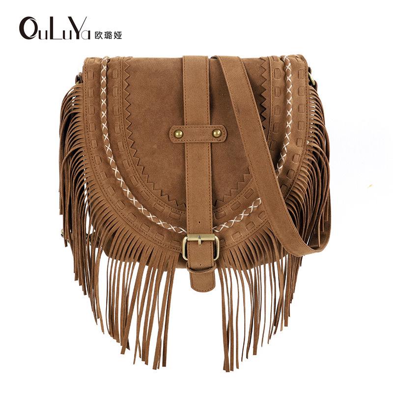 Versatile Ethnic Khaki Xishi Velvet Tassel Crossbody Bag - Women's Retro Style, Large Capacity
