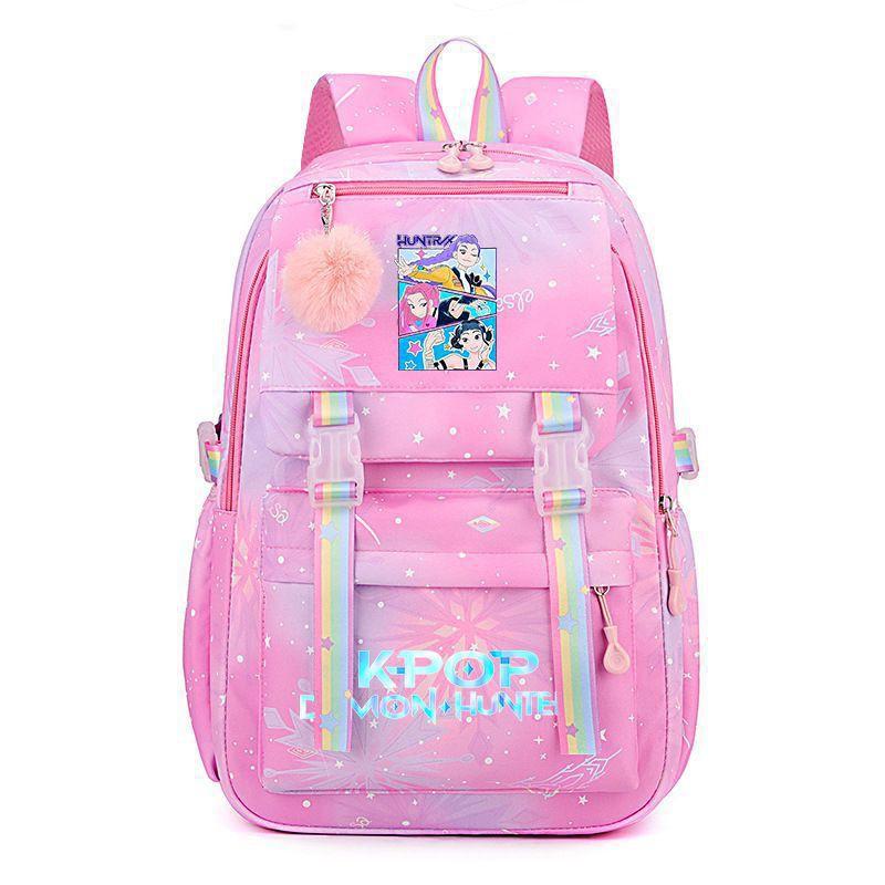 Korean Style School Backpack Teenagers Large Capacity Nylon Bookbag With Padded Straps Cartoon Print Unisex Student Bag