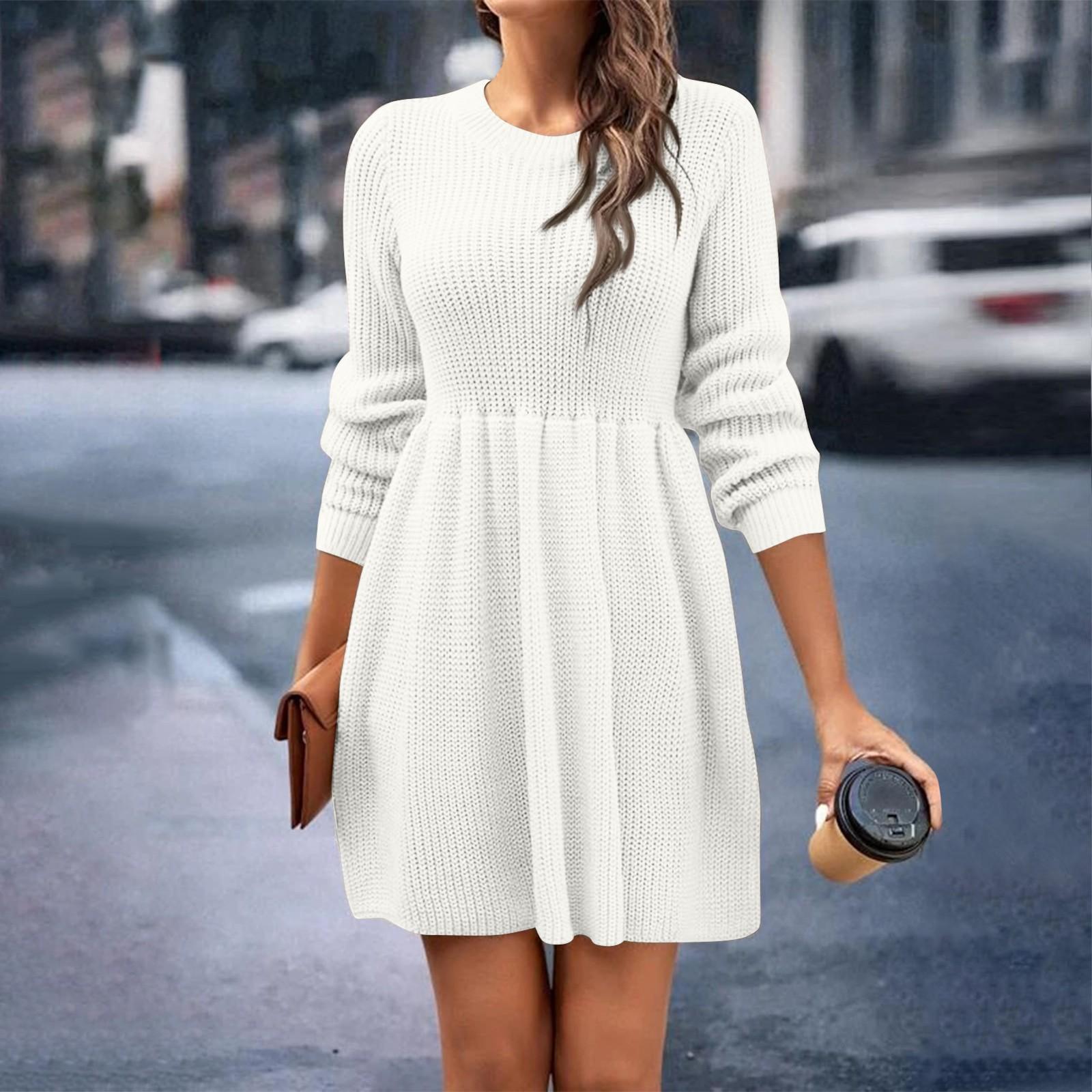 

Женское осенне-зимнее однотонное повседневное платье-свитер с круглым вырезом Babydoll XL белый