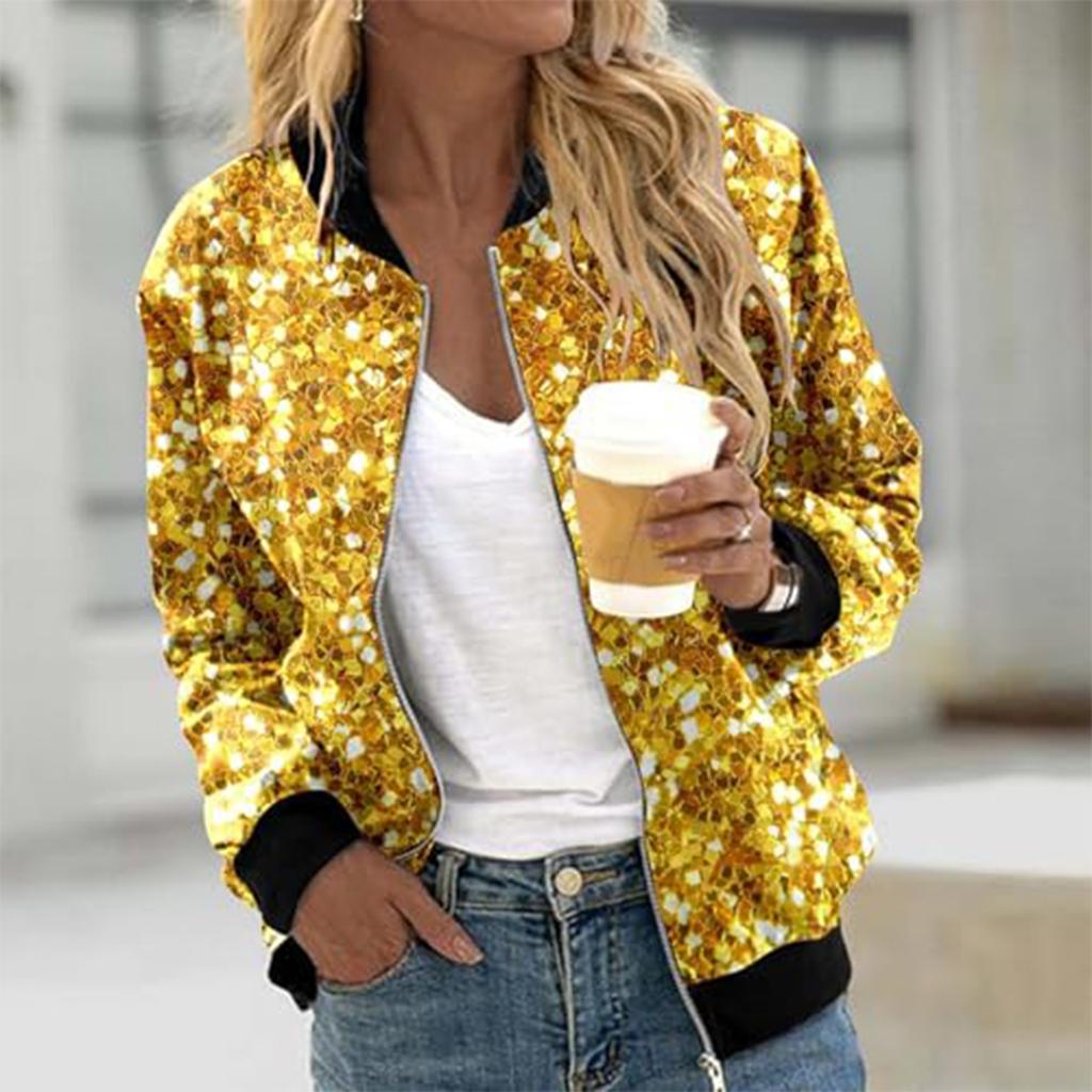 Women's Fashion Long Sleeve Sequin Print Round Neck Zip Jacket