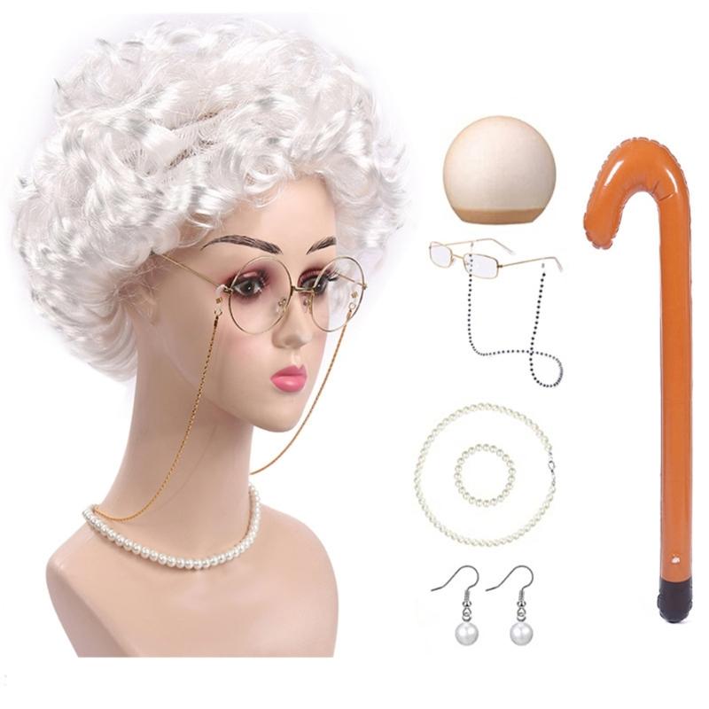 Altes Damen Kostüm für Mädchen Perücke Oma Brille Halskette 100 Tage Schule Kostüm Halloween Oma Kostüm Set