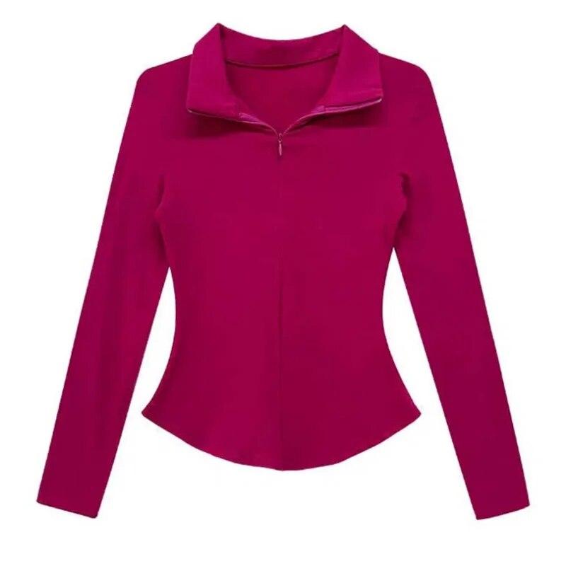 Elastic Tight Sexy Lapel Long Sleeve T-shirt Women Hottie Turndown Collar Slim Undershirt Inside Velveteen Sports Shirt Casual