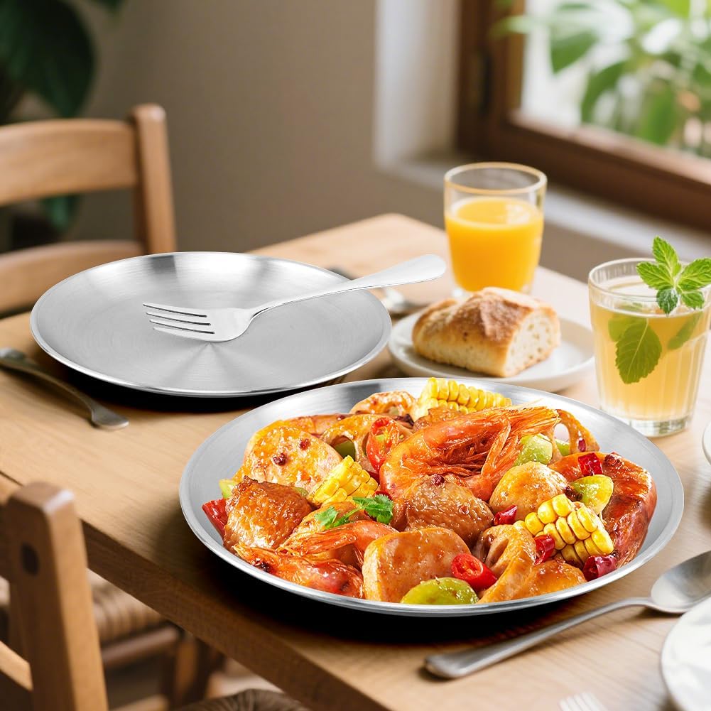 8 Pack Stainless Steel Plates, 8 Inches Metal Dinner Plate with Forks, Round Serving Camping Plates for Serving Dishes Dessert Salad, Unbreakable &