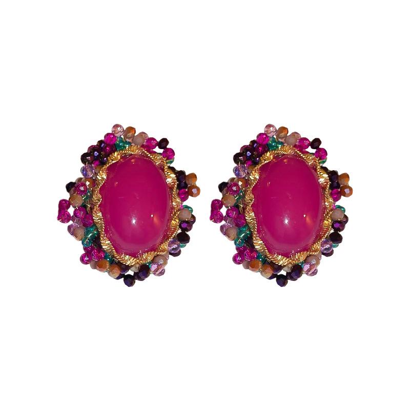 Retro Oval Crystal Earrings with Silver Studs - French Court Style for Women