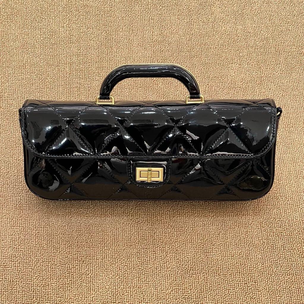 Mirror-finish Diamond Handle Flap Bag, Patent Leather Chain Bag, Handbag, Single Shoulder Crossbody Bag, Fashionable Top-grain Cowhide