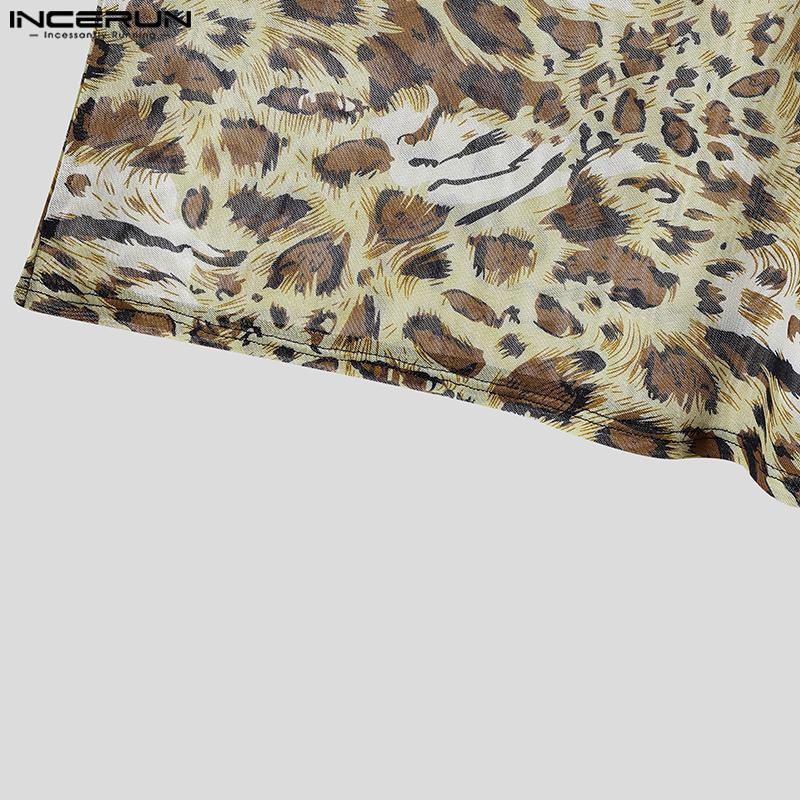 INCERUN Men Sleeveless Leopard Semi-Sheer Fitted Casual Tank Tops