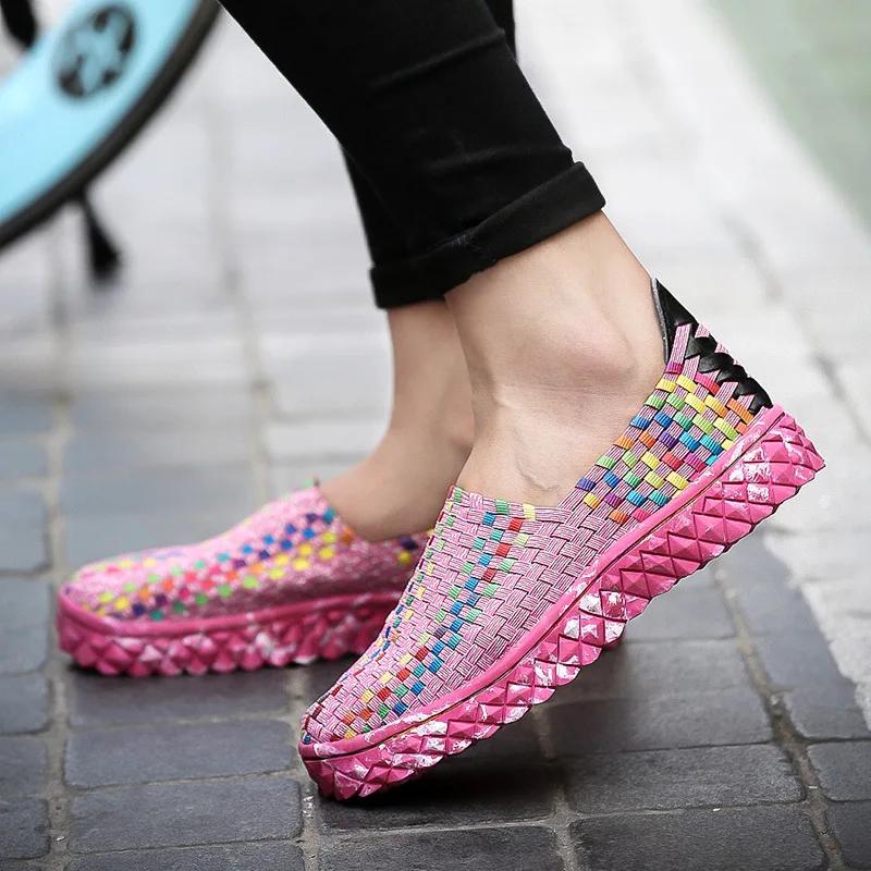 Summer Women's Flats Fashion Elastic Band Weave Casual Shoes Slip on Breathable Sneakers Spring Couple Loafers Plus Size 35-44