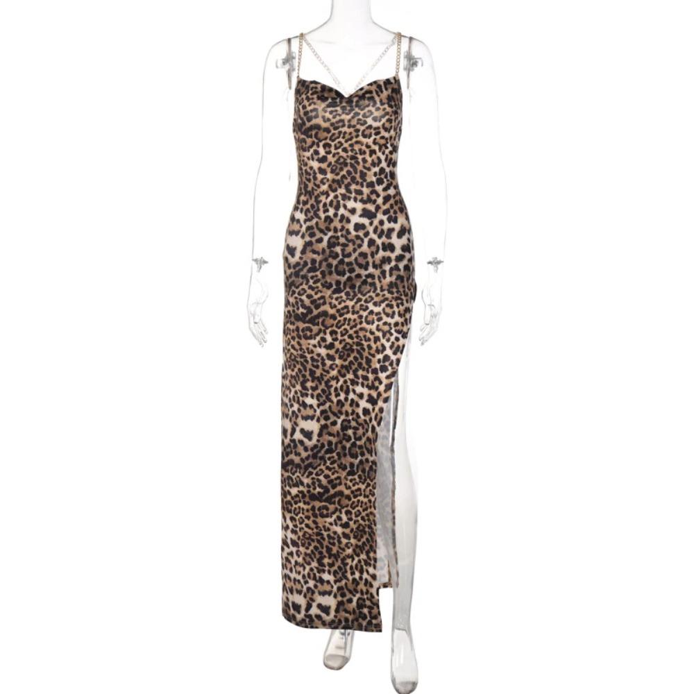 Leopard Print Women Chain Strap Side Slit Maxi Dress Backless Bodycon Sexy Streetwear Festival Evening Elegant