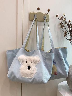 Large Capacity Women's Tote Bag - 2025 Trendy Cartoon Plush Puppy Print, Canvas Shoulder Bag