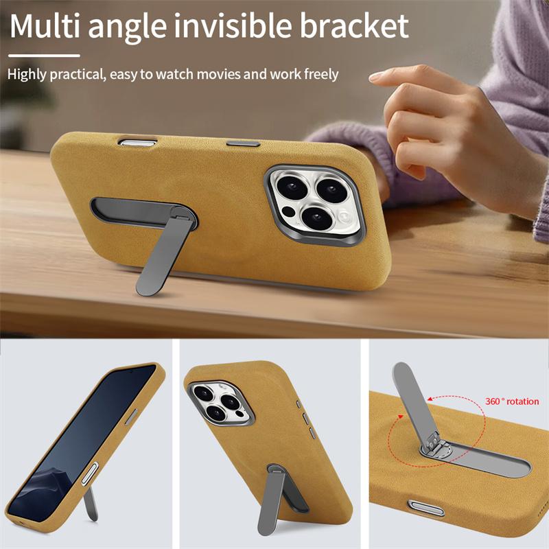 Luxury Magsafe Suede PU Leather Phone Case for iPhone 15 Pro /16 Pro Max Metal Alloy Lens 360 ° Rotating Bracket Magnetic Cover