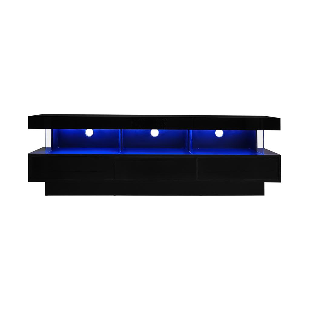 160*38*50.5 cm Black High Gloss TV Stand with 3 Glass Shelves, LED Lighting, App Control, Bluetooth Connectivity for 70-Inch TVs, Smart TV Stand