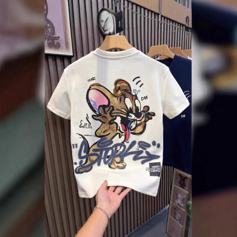 Mens Loose Fit Short Sleeve T-Shirt With Cartoon Embroidery Print Cotton Crew Neck Casual Top
